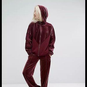 Maroon Adidas original oversized velvet zip-up track jacket with hood. Size XS/S